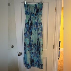 💯 Silk Watercolour Abstract Blue Maxi Hater Smocking Dress S
